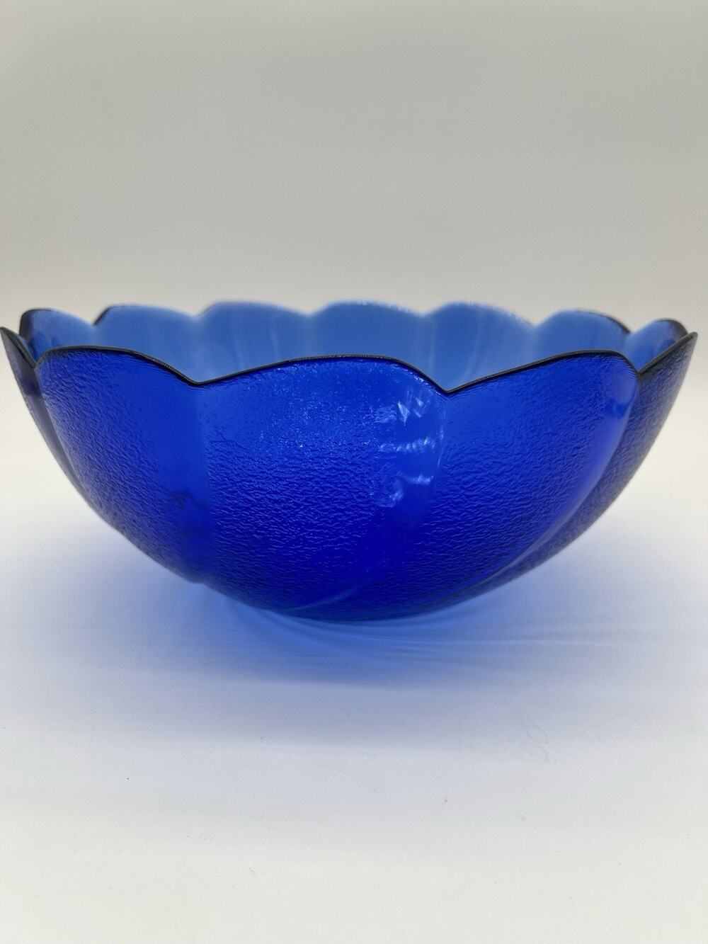 Vintage Cobalt Blue Glass Bowl Scalloped Textured Art Glass 10”